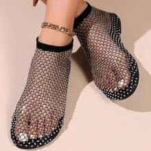 1双女士水钻渔网凉鞋 - 超舒适透气网面平底鞋，低跟轻便休闲夏季鞋履 - 黑色 - 查看 2