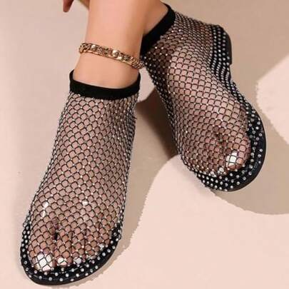 1 Pair Women's Rhinestone Fishnet Sandals - Super Comfortable Breathable Mesh Flat Shoes, Low Heel Lightweight Casual Summer Footwear