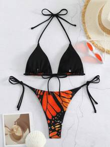 2pcs/Set Sexy Butterfly Lace-Up Backless Bikini Swimsuit, Beach Holiday Summer