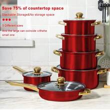 18-Pieces-Kitchen Cookware Set-Heat Resistant Lacquer Kitchen Ware Pots Pan Set Dark[ Red]- Saucepot, Pans, Cooking Pot Oven Pot, Lid, Utensil - 彩色 - 查看 5