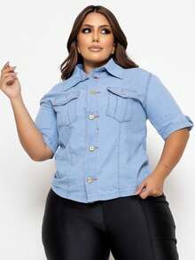 Plus Size Short Sleeve Denim Shirt With Pockets And Buttons - 淺藍色 - 查看 5