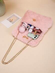 Faux Fur Cross-Body Bag, Women's New Fashion Versatile Chain Shoulder Bag, Furry Lock Small Square Purse , Pink - Pink - View 4