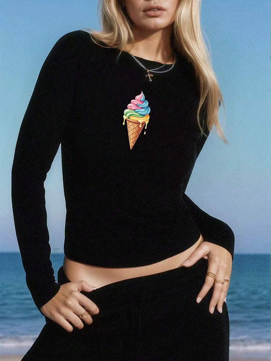 Rainbow Soft Serve Ice Cream Cone Women's Fashion Long Sleeve Shirt - 黑色 - 查看 1