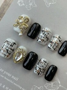10 piezas de uñas postizas cortas, con texto personalizado y nombre personalizado, arte de uñas de verano, hermosas uñas falsas, hazlo tú mismo, patrón de tartán con lazo dorado, uñas doradas, negras, suministros de uñas reutilizables para niñas, señoras en bodas, fiestas, vacaciones, regalo de un juego de kit de uñas