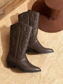 Women'S Cowboy Western Boots Point Toe Pull On Cowgirl Boots  Embroidered Detail Chunky Heeled Spring And Winter Back To School Party Festival Matching Dress Mid Calf Brown Boots - Brown - View 4