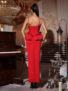 Nuevo vestido largo elegante de cóctel rojo sexy con cuello en V, sin mangas, espalda descubierta, volantes y ajuste ceñido, para invitada de boda, dama de honor, fiesta de cumpleaños, cena formal de damas