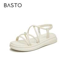 BASTO 简约复古条纹罗马厚底交叉纯色女士凉鞋，非常适合海滩漫步和夏季度假