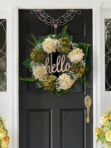 1/2 件 15.75 英寸春季装饰绒球花环 Hello 花环，花卉，字母板设计，PVC 绒球花，仿树叶，波西米亚风格，适用于家居装饰、门、窗、花园、农舍、户外、花卉壁挂、节日礼物