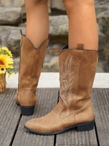 Women Vintage American Embroidered Faux Suede High Boots, Maillard Brown High Chunky Heel Riding Boots, Fashionable Punk Style Chelsea Boots