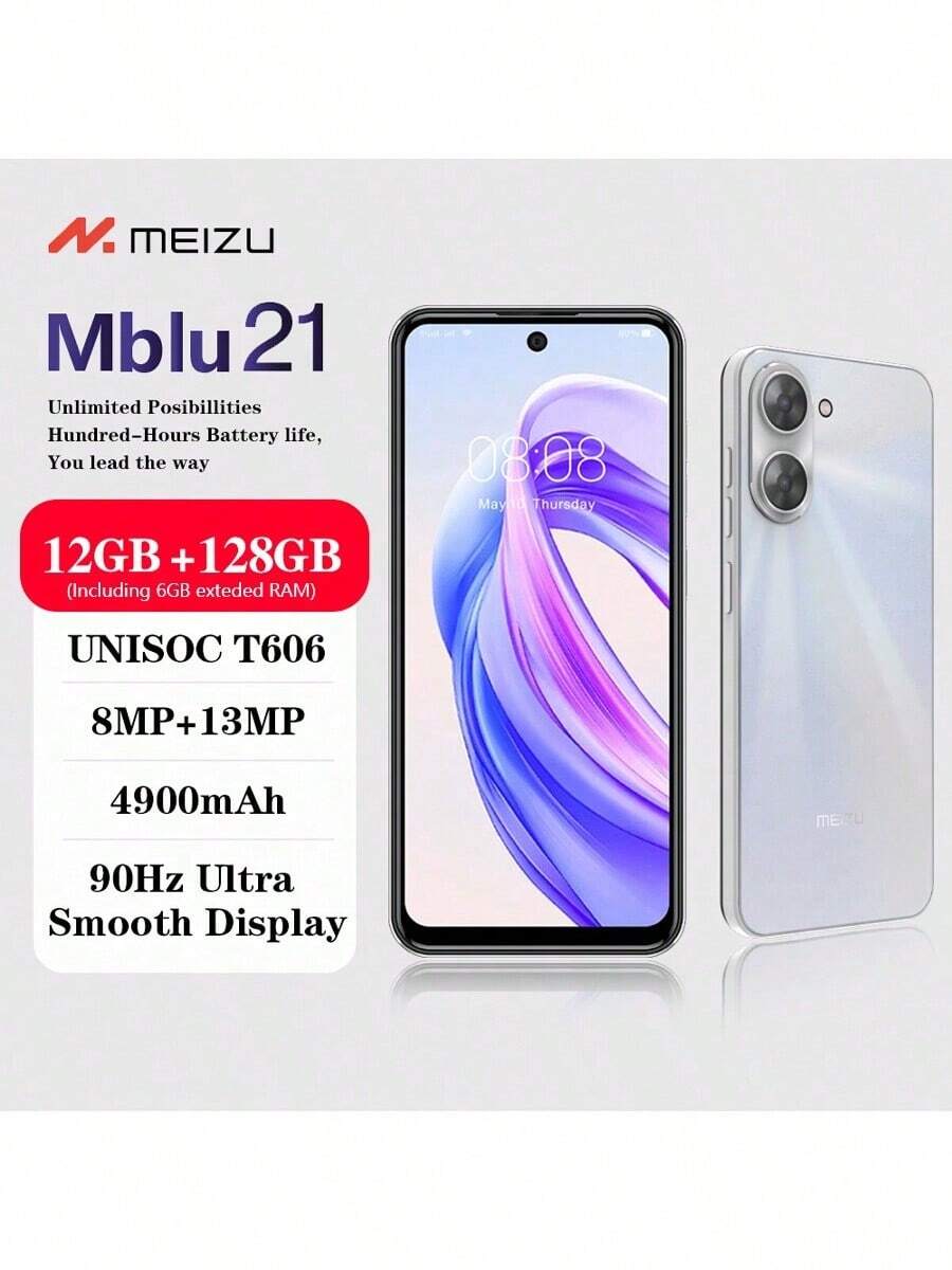 The Meizu Mblu21 Is Equipped With Android 14 System, T606 Processor, 4GB + 64GB And 6GB + 128GB Storage Combination, 6.79-Inch Charming High-Definition Display, 8-Megapixel + 13-Megapixel Dual Cameras, 90Hz Smooth Refresh Rate, 4900mAh Battery For All-Day Use It Supports Dual SIM Cards And Is A 4G Smart Phone.
