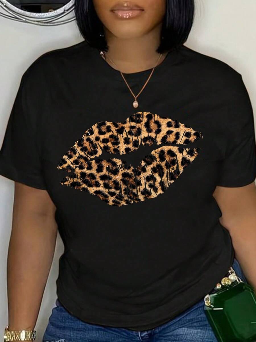 Camiseta con estampado de labios y estampado de leopardo de manga corta y cuello redondo de algodón negro de 180g para mujer, camiseta informal de verano para uso diario - Negro - Ver 1