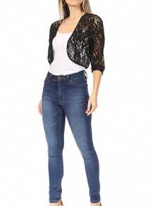 Casual Lace Bolero Crochet Cardigan With 3/4 Sleeves    Casual  Fabric  Sheer  Split      Daily - 黑色 - 查看 4