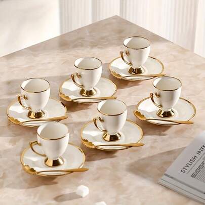 1 套金色边缘豪华陶瓷杯，带碟子和勺子的杯子，95 毫升/3.32 盎司欧式下午茶杯，美式咖啡杯
