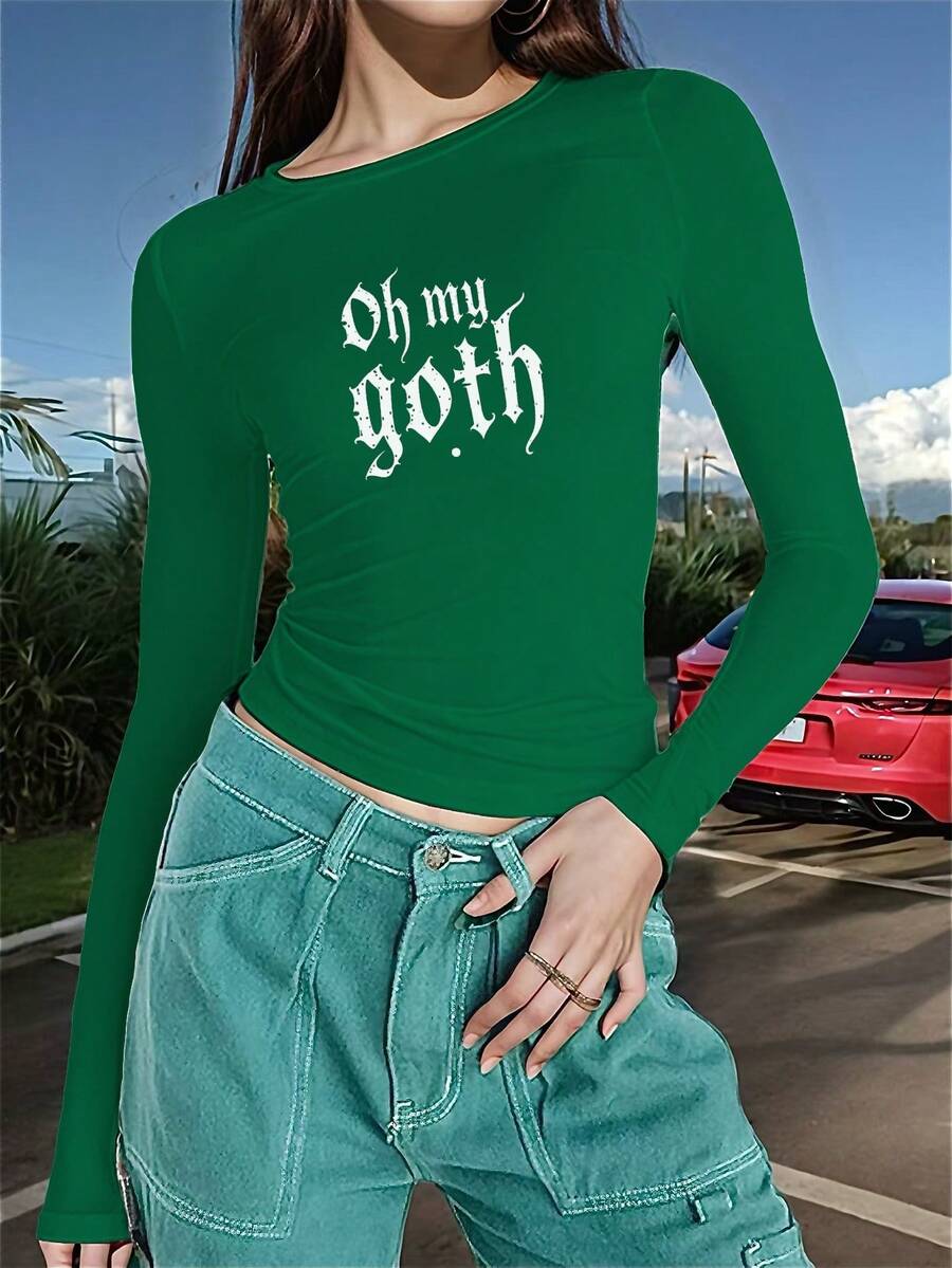 Typography Oh My Goth Women's Fashion Long Sleeve Shirt - Green - View 1
