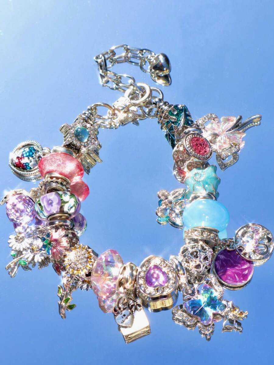 1 pieza Brazalete con dije de flor y mariposa de estilo veraniego, con cuentas de girasol, margarita, mariposa y corazón para DIY, con cuentas de vidrio florales vintage estilo Monet, adecuado como regalo para amigos