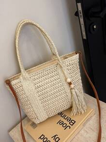 Geantă de umăr tip paie, casual, la modă, de culoare solidă, cu capacitate mare, pentru femei, cu pandantiv decorativ tip ciucure, tip crossbody, pentru vacanță și plajă