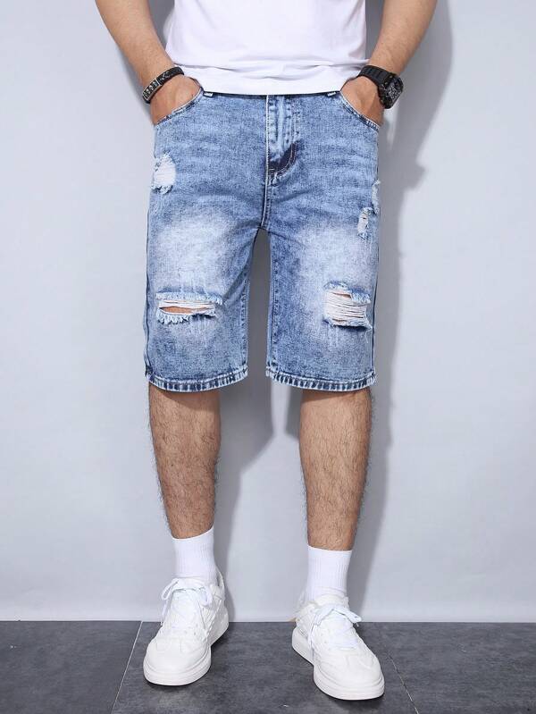 Tween Boys' Fashion Denim Shorts With Elastic Waist & Ripped Holes, Suitable For Summer Outdoor