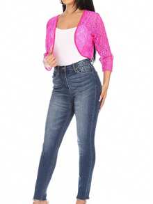 Casual Lace Bolero Crochet Cardigan With 3/4 Sleeves    Casual  Fabric  Sheer  Split      Daily - 玫紅色 - 查看 4