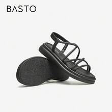 BASTO 简约复古条纹罗马厚底交叉纯色女士凉鞋，非常适合海滩漫步和夏季度假