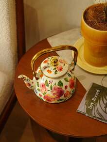 1 pieza Tetera vintage de alta gama con diseño de rosa de mediados de verano, estilo retro nórdico con gran capacidad, asa y borde de metal dorado. Tetera multiusos portátil resistente a altas temperaturas para café, té de flores, té con leche, leche, aceite, vinagre, agua fría, decoración del hogar, fiestas de cumpleaños, reuniones festivas, botellón de agua para picnic al aire libre y camping, artículo escolar