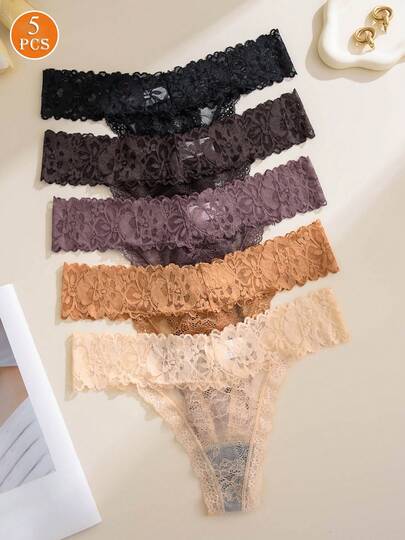 5条装女士多色蕾丝低腰丁字裤