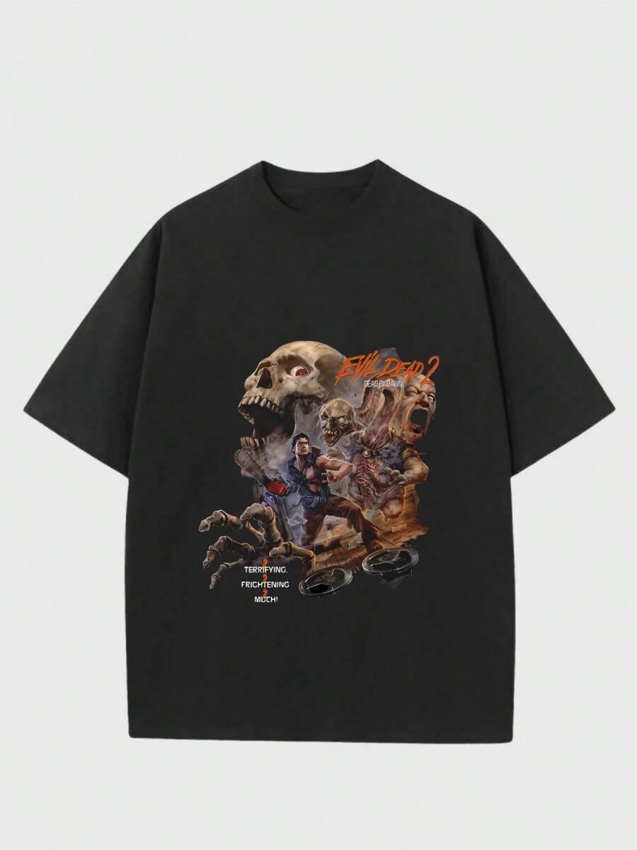 Para hombre,Camisa de T -alla con Letrero "Evil Dead 2" y Motivo de Personajes de Película de Terror,Camiseta casual de cuello redondo y manga corta con estampado,adecuada para uso diario en primavera y verano,unisex - Negro - Ver 1