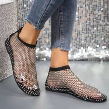 1双女士水钻渔网凉鞋 - 超舒适透气网面平底鞋，低跟轻便休闲夏季鞋履 - 黑色 - 查看 5