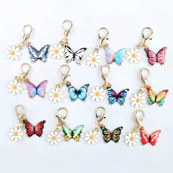 12pcs Mini Cute Zinc Alloy Colorful Butterflies And Daisies Keychains, Fashion Animal Theme Design Charms Accessories For Bag Hanging, Holiday Gift, Perfect Gift For Mother's Day, Father's Day, Back-To-School Season And Graduation Season