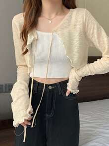 Áo khoác cardigan mỏng nhẹ, dáng ôm, tay dài, viền bèo nhún dành cho nữ, thích hợp mặc mùa hè để chống nắng. - A - Xem 6