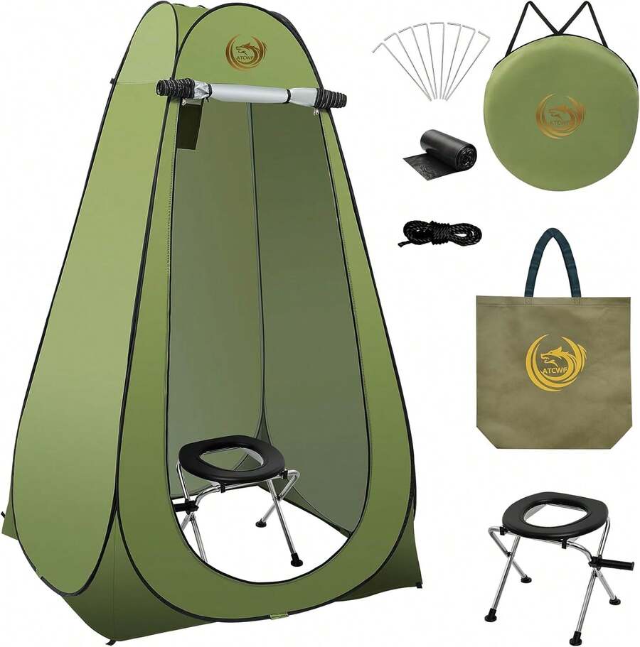 Portable Toilet Tent Kit For Adults, Pop Up Privacy Tent, Stainless Steel Portable Camping Toilet With Toilet TeInstant Nt, Portable Outdoor Shower Tent Changing Dressing Room With Carry Bag - 軍綠色 - 查看 1