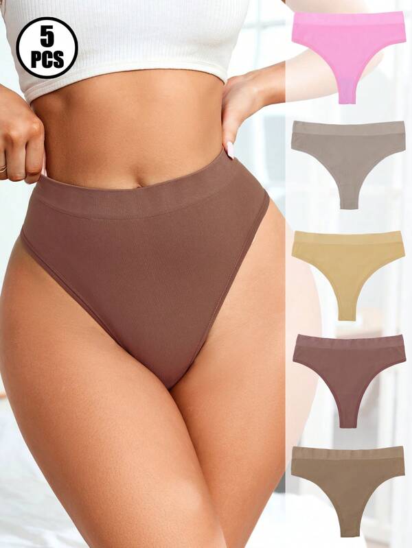 5pcs/Pack Women High Waist Seamless Thong Panties, Sexy T-Back Briefs For Plus Size Workout