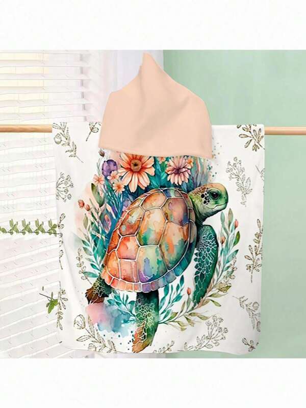 1pc Turtle Print Wearable Absorbent Beach Towel, Suitable For Men And Women, Hooded Beach Robe - Super Soft Polyester Material, Quick Drying, Sand-Free, Ideal For Travel, Swimming, Park, Sunscreen, Outdoor, Beach, Swim And Play, Perfect Holiday Essential, Providing Utmost Comfort Back To School