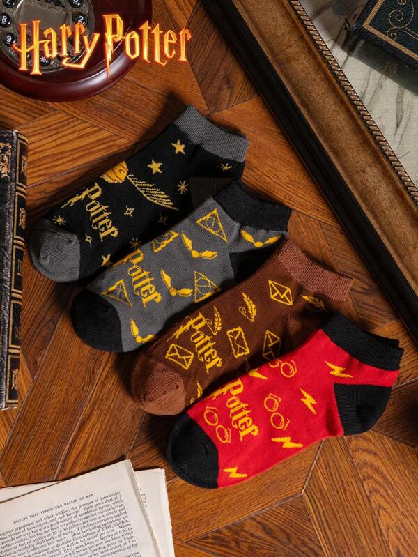 Harry Potter 4 pares de calcetines para hombres estilo colegio de la Academia de Magia de Harry Potter, calcetines suaves y transpirables para mujeres, calcetines cortos, regalo