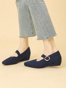 Women's Square Toe Low-Top Knit Breathable Mary Jane Buckle Adjustable Solid Color Casual Hidden Wedge Heel Pumps, Suitable For Petite Women, All Season Wear - Blue - View 6