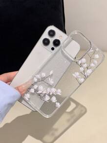 1 Stück transparentes glitzerndes weißes Blumendesign Handyhülle, volle Kameraabdeckung, stoßabsorbierend, geeignet für Frauen/Mädchen Handys, kompatibel mit Apple Handy