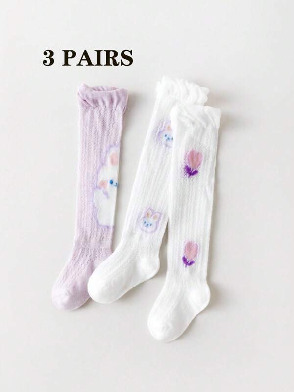 3 Pairs Infant Cartoon Purple Series Breathable Anti-Mosquito Over-The-Knee Long Socks