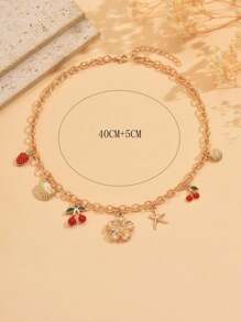 1 pièce Collier multi-pendentif en alliage doré avec fleurs, cerises, fraises, coquillages, étoiles de mer pour l'été. Convient pour les tenues quotidiennes des femmes, la plage, les fêtes, les festivals de musique. Longueur de chaîne réglable