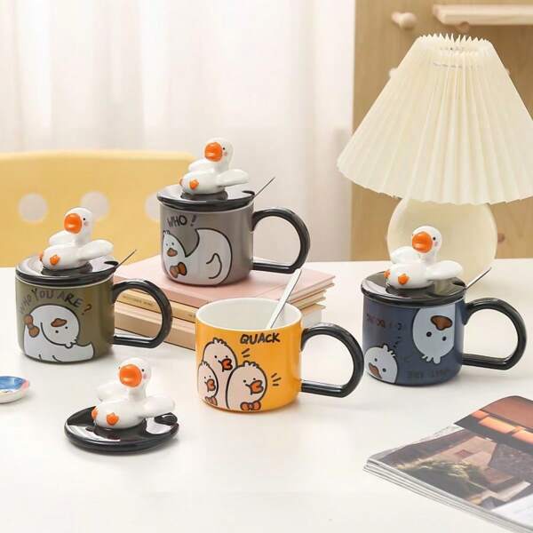1pc Cartoon Cute Little White Goose Ceramic Mug, 3D Design With Lid & Spoon, Adorable Coffee Cup