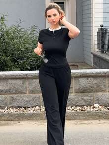 Jeta Ari Contrast Round Collar Half Buttoned Short Sleeve Top And Wide Leg Pants Two Pieces Co-Ord Set - Black - View 6