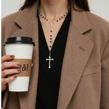 1 件简约复古黑玛瑙珠、和圣母玛利亚吊坠项链、时尚配饰，适合母亲节礼物 - 灰色 - 查看 1