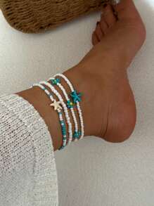 Handmade Blue Flower And Starfish Beaded Anklet For Women, Beach Resort Style Flower Ankle Chain
