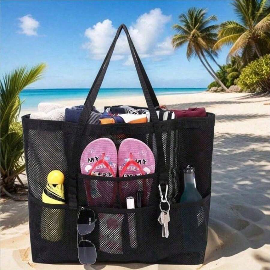 1PC Large Mesh Beach Bag - Sandproof Swim Tote Bag Oversized For Family Foldable Lightweight Pool Boat Bag - Black - View 1