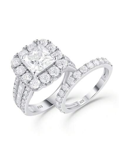 AIHUASI 2pcs/Set Moissanite Diamond 925 Sterling Silver Wedding Engagement Women Rings Vintage Style Laboratory-Created 7.5*7.5mm 2.5 Carat Princess Cut Dazzling D Color VVS1 Moissanite Luxury Bridal Jewelry Gift