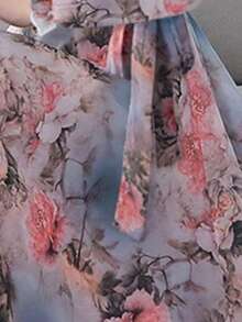 女印花长袖连衣裙，收腰显瘦气质长裙，优雅碎花雪纺裙，女装 - 藍色 - 查看 4