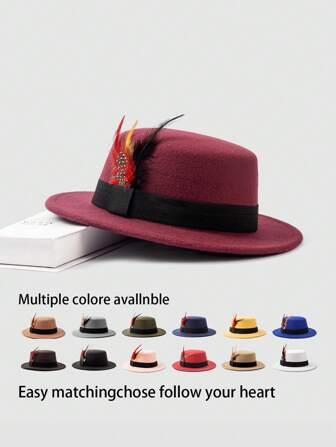 1 件男女通用优雅方形编织带和羽毛装饰毡毡软呢帽，适合日常和节日穿着