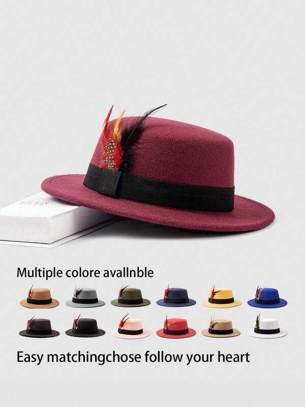 1pc Unisex Elegant Square Woven Band & Feather Trim Felt Trilby Hat, Suitable For Daily & Holiday Wear