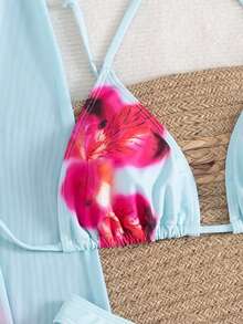 3pcs/Set Women Summer Floral Print Halter Bohemian Beach Holiday Bikini Swimsuit And Sarong Skirt - Baby Blue - View 5