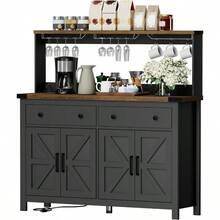 Farmhouse Coffee Bar Cabinet 60" Tall Bar Cabinet With Drawers And Power Outlet Sideboard Buffet Cabinet With Storage Barn Door For Kitchen Dining Room - asPic - View 7