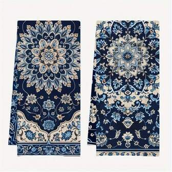 [2pcs Super Soft Kitchen Towels] 2pcs Bohemian Kitchen Towels Set, 16x24 Inch, Super Soft Woven Polyester, Contemporary Style, Machine Washable, Decorative Blue And White Design, Ideal Housewarming Gift, Dish Towels For Kitchen, Decorated, Bohemian Towel