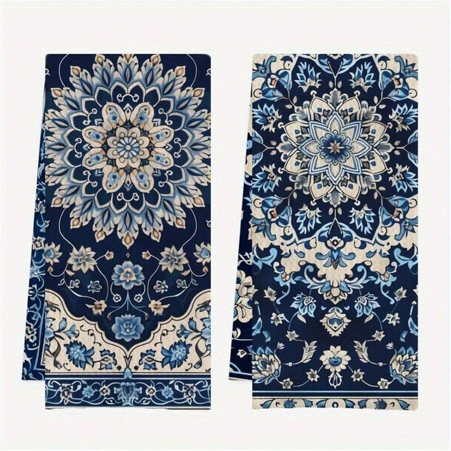[2pcs Super Soft Kitchen Towels] 2pcs Bohemian Kitchen Towels Set, 16x24 Inch, Super Soft Woven Polyester, Contemporary Style, Machine Washable, Decorative Blue And White Design, Ideal Housewarming Gift, Dish Towels For Kitchen, Decorated, Bohemian Towel - Navy Blue - View 1